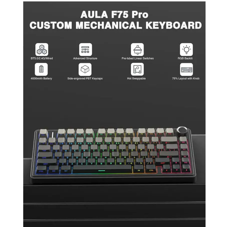 Клавіатура ігрова Aula Mechanical F-75 Wireless Black-Grey Gasket Reaper Switch Hot-Swap 2.4G/Bluetooth - фото 7