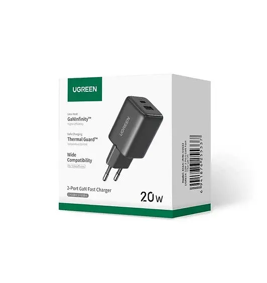 Мережевий зарядний пристрій UGREEN X514 20W 2-Port GaN Fast Charger EU чорний - фото 2