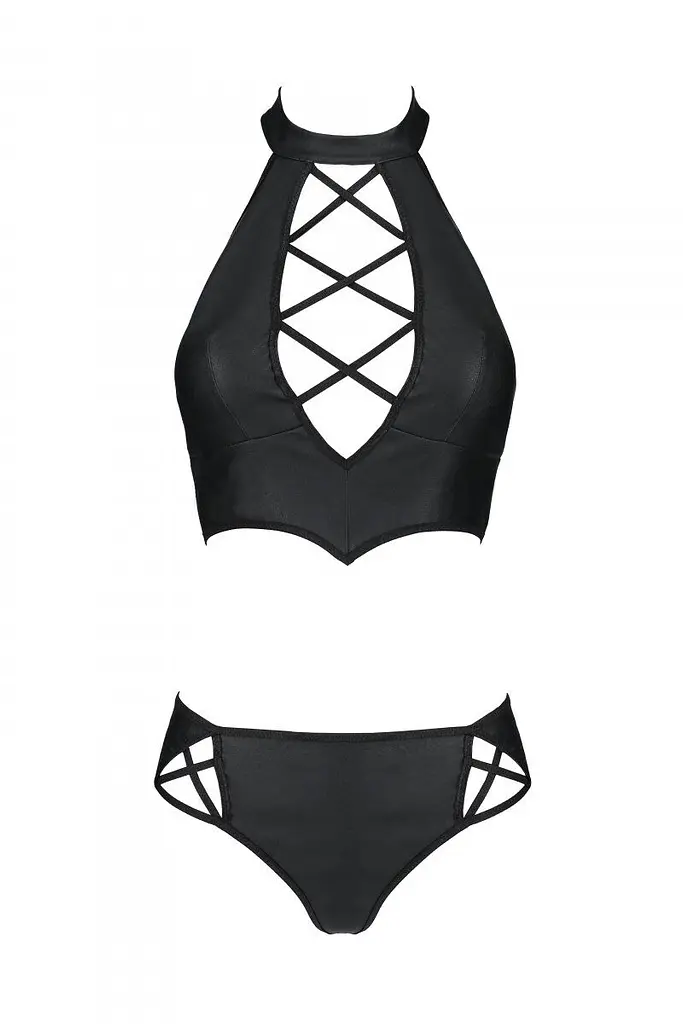 Комплект з еко-шкіри: бра та трусики з імітацією шнурівки Passion Nancy Bikini, XXL/XXXL, чорний - фото 5