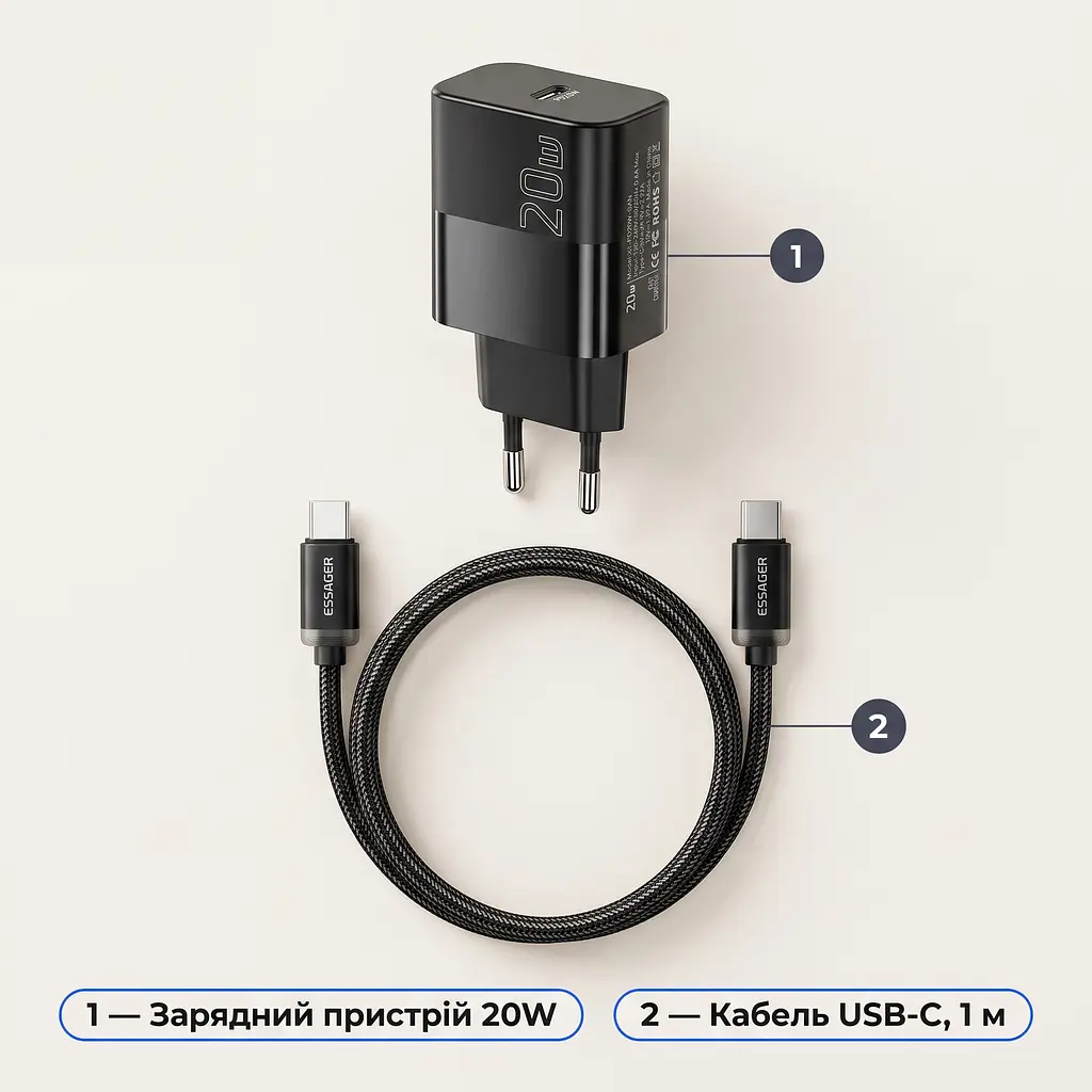Комплект Essager: зарядний пристрій 20W (USB-C) + кабель USB-C-USB-C, EU, чорний - фото 6