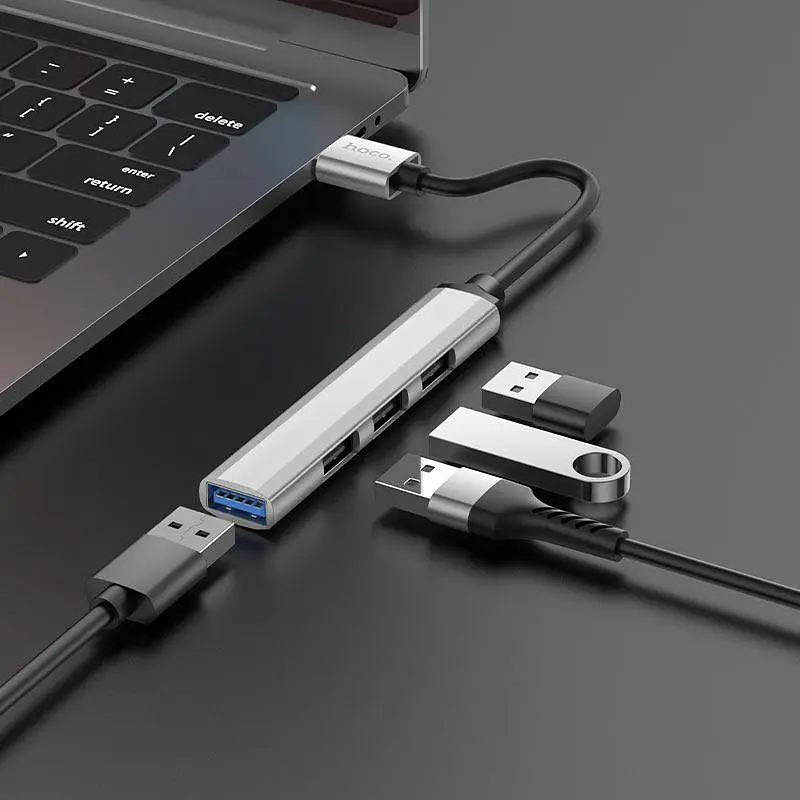 Usb-хаб Hoco HB26 4 in 1 adapter (Usb to Usb3.0+Usb2.0x3) Темно-серый - фото 2
