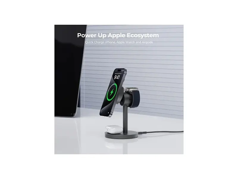 Бездротовий зарядний пристрій AUKEY MagFusion 3-in-1 15 W Qi2 сірий (LC-MC311) - фото 9