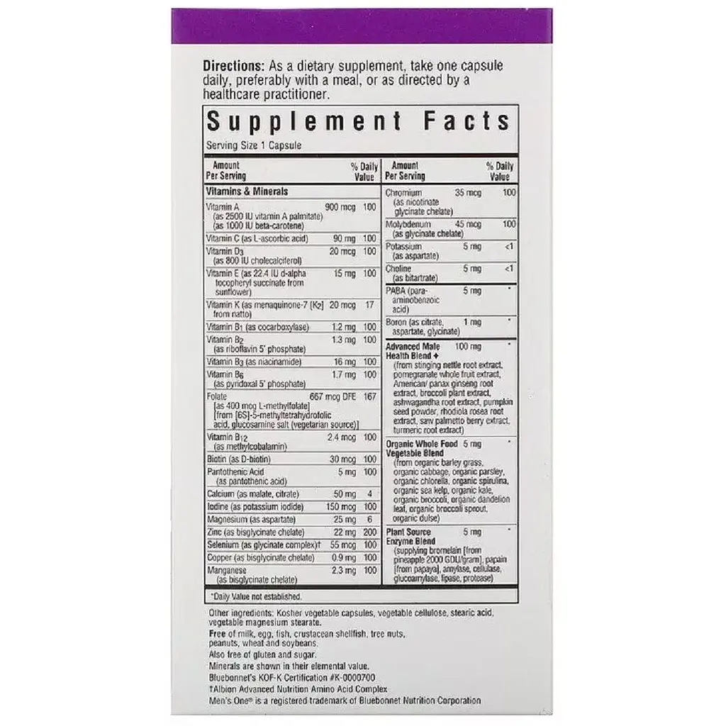 Мультивітаміни для чоловіків Bluebonnet Nutrition Men's One 60 вегетаріанських капсул - фото 3