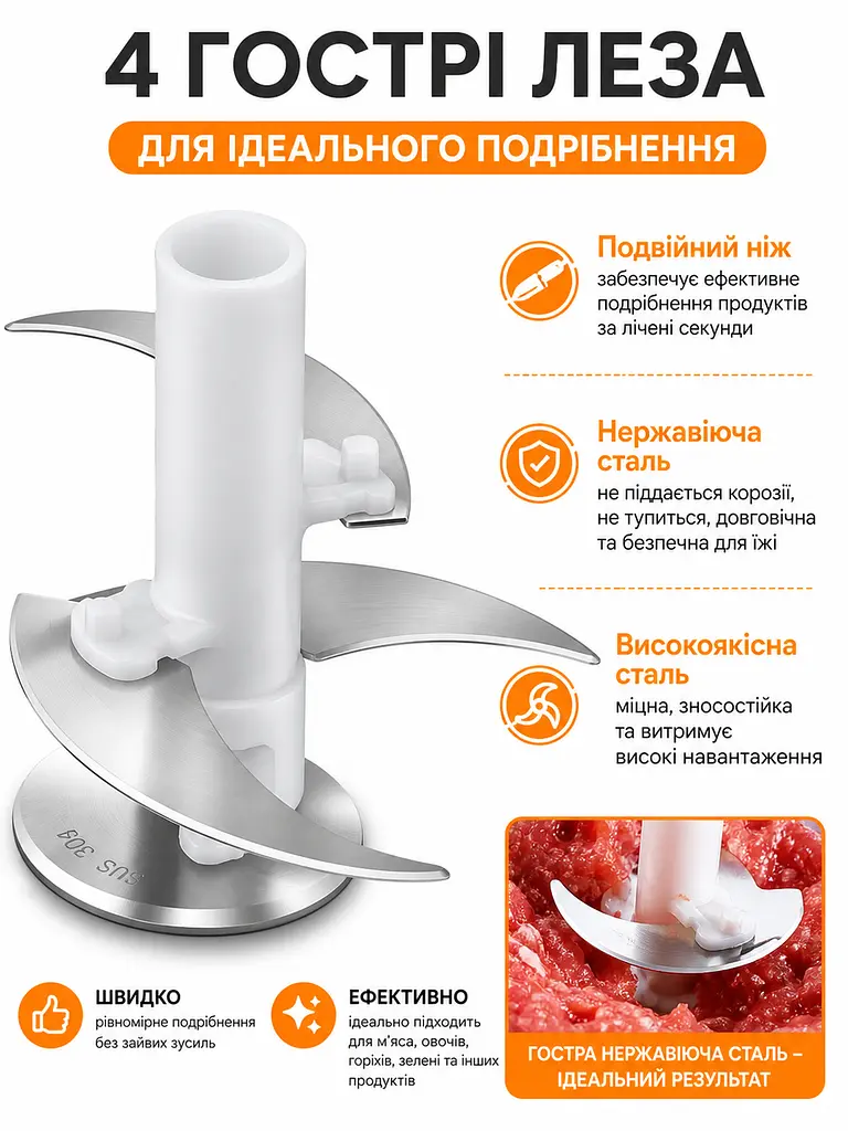 Кухонний комбайн-подрібнювач 2 л 1000 Вт з чашею з нержавіючої сталі, сріблястий (49675883) - фото 4