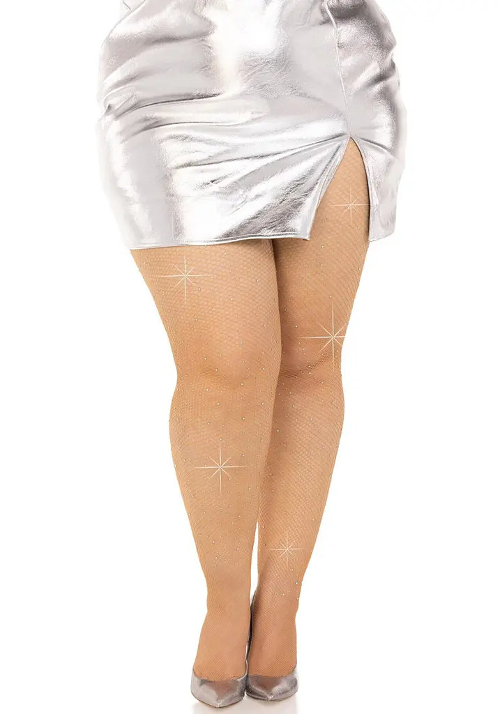 Колготки Leg Avenue Rhinestone micro net tights Plus size Caramel, дрібна сітка, стрази - фото 4