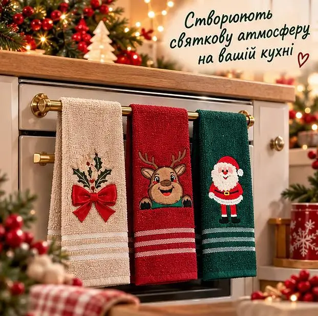 Набір кухонних рушників новорічних з принтом Санта-Клауса й оленя - подарунковий набір 25×50 см 3 шт - фото 3
