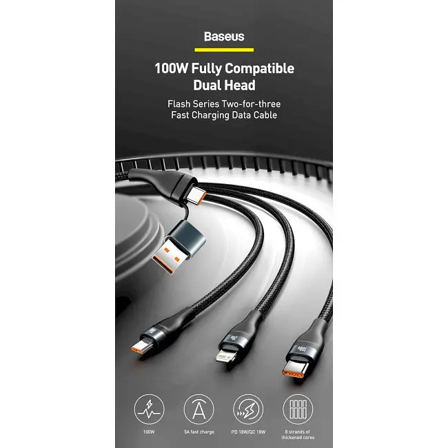 Кабель Baseus Flash Series Ⅱ 3-in-2 Cable USB+Type-C to MicroUSB+Lightning+Type-C 100W 1.2m CASS030103 Blue - фото 7