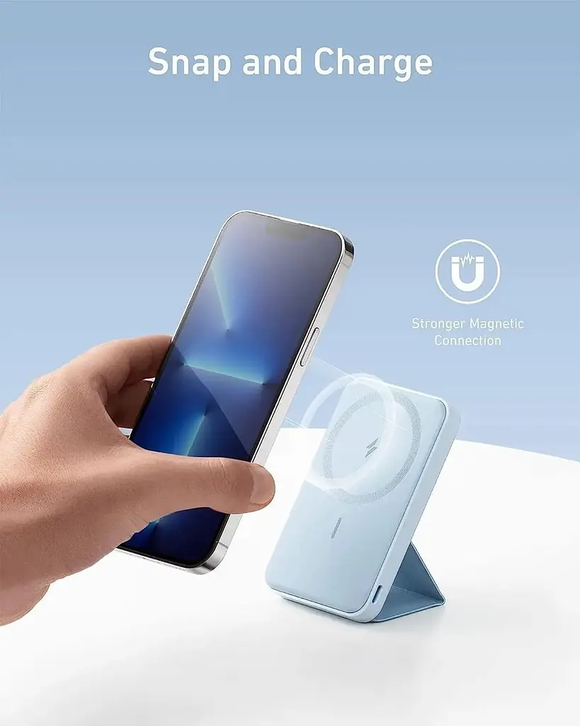 Магнитный павербанк Anker MagGo 622 5000 mAh с беспроводной зарядкой и подставкой Беспроводной павербанк голубой - фото 3