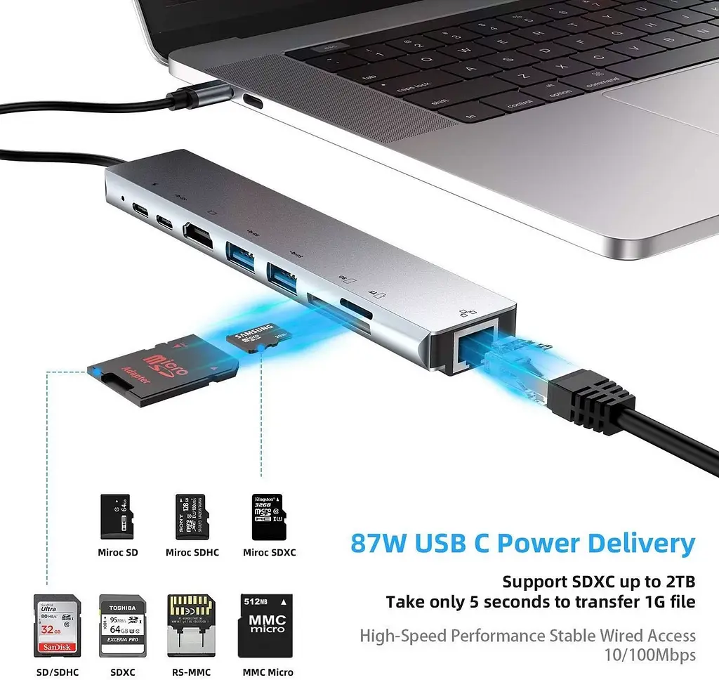 Универсальный USB концентратор для MacBook на 8-Port USB TypeC 3.0 Mini Hub SD, TF, RJ 45 - фото 8