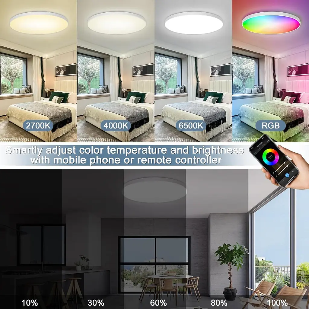 Світлодіодний стельовий світильник із димінгом, 24 Вт 2400 LM Smart RGB світлодіодний стельовий світильник, IP44 лампа - фото 5