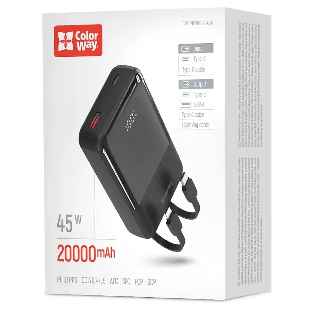 Батарея універсальна ColorWay 20 000 mAh DigiPower PD/45W, QC/4.0, Black (CW-PB200LP04BK) - фото 5