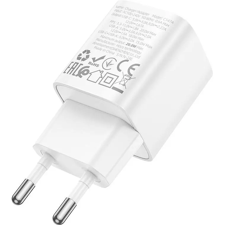 Мережевий зарядний пристрій Hoco C147A Charm PD20W+QC3.0 White (6942007630276) [173054] - фото 6