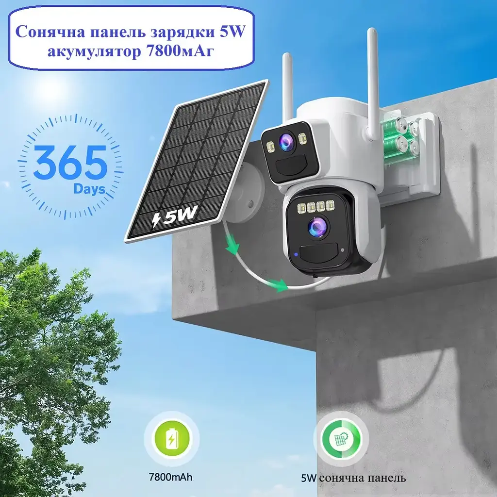 Поворотна Wi-Fi камера 2 лінзи 4к / Відеокамера із сонячною панеллю 8 Мп - фото 2