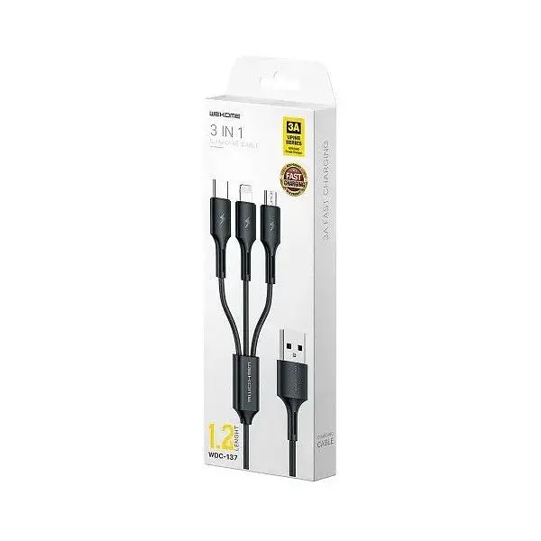 Кабель WK WDC-137 Upine Series 3-in-1 USB - Lightning + micro USB + USB Type-C (M/M), 1.2 м, Black (6941027616284) - фото 2