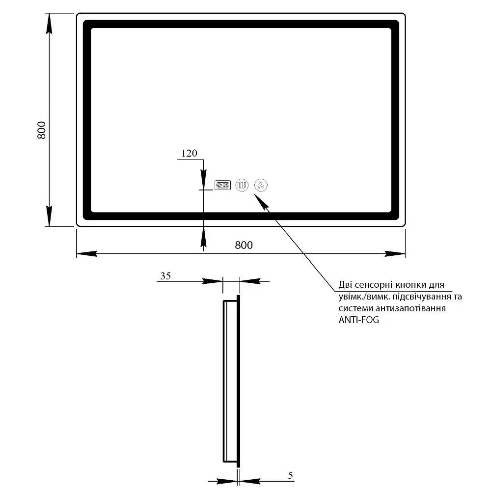 Дзеркало Qtap Mideya 800x800 з LED-підсвічуванням Touch, з антизапотіванням, з годинником, диммером яскравості QT2078NCF8080W - фото 2