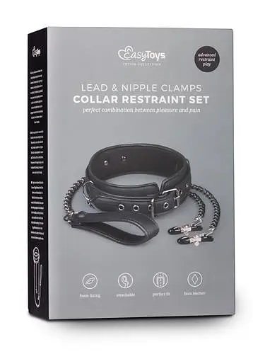 Нашийник EasyToys Leather Collar With Nipple Chains (чорний) - фото 6
