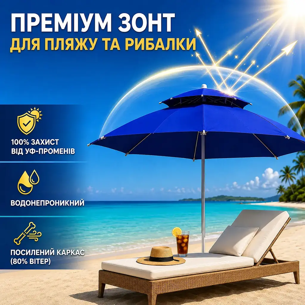 Синя Садова парасолька з подвійним куполом 220см / Пляжна двоярусна парасолька з регульованою висотою - фото 6