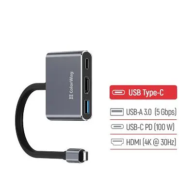 Концентратор ColorWay USB-C 3-in-1 USB 3.0 + HDMI 4K + USB-C PD100W (CW-HUB08) - фото 5