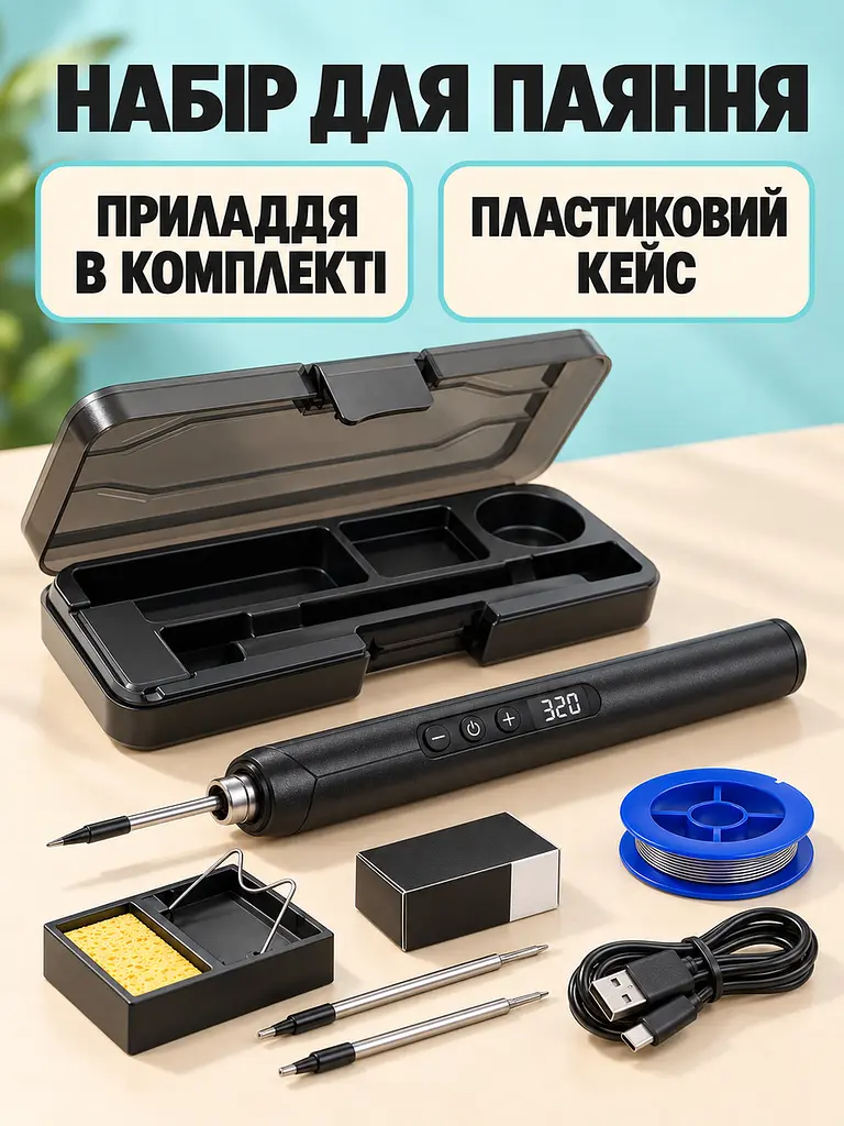 Паяльник аккумуляторный беспроводной до 10 Вт 260–420 °C 1000 мАч Type-C с припоем канифолью и подставкой в кейсе (52836220) - фото 7