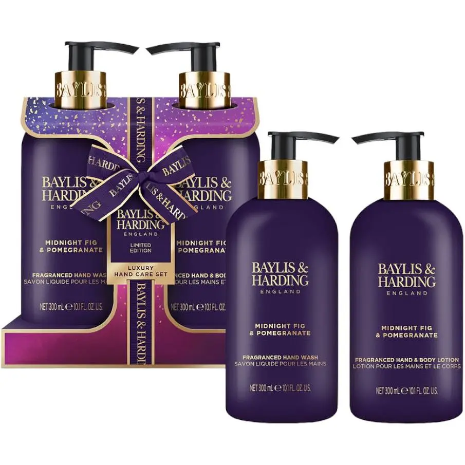 Подарунковий набір для догляду за руками Baylis & Harding Midnight Fig & Pomegranate: Рідке мило 300 мл + Лосьйон для рук та тіла 300 мл - фото 2