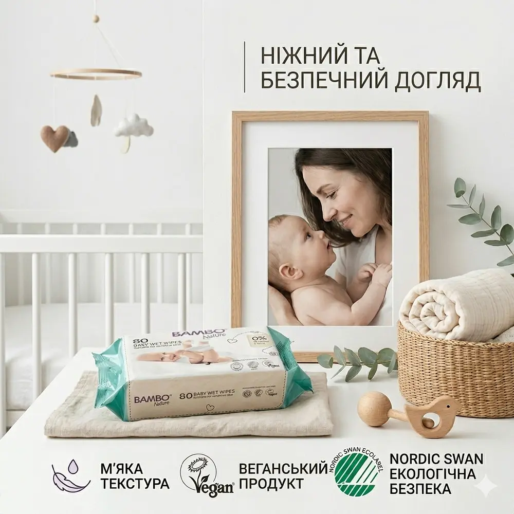 Вологі очисні, гіпоалергенні серветки Bambo Nature без запашників. 80 шт. Bambo Nature (6339) - фото 2