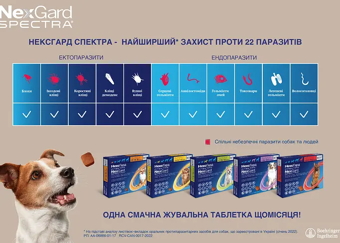 Таблетка проти зовнішніх та внутрішніх паразитів для собак NexGard Spectra від 3.5 до 7.5 кг ЦІНА ЗА 1 ШТ 157594 - фото 2