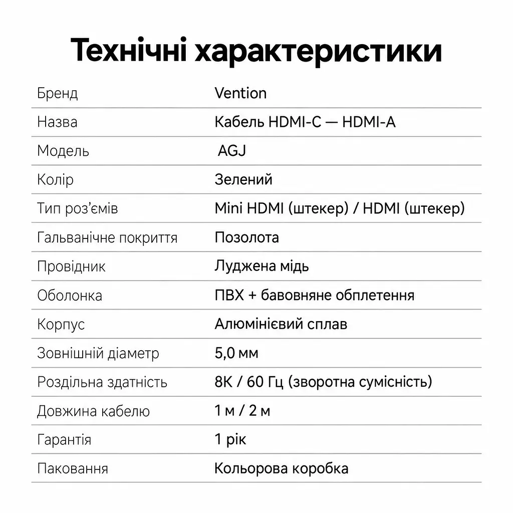 Відеокабель Vention AGJGF Mini HDMI - HDMI 2.1 8K 60 Гц 1 м зелений (AGJGF) - фото 10