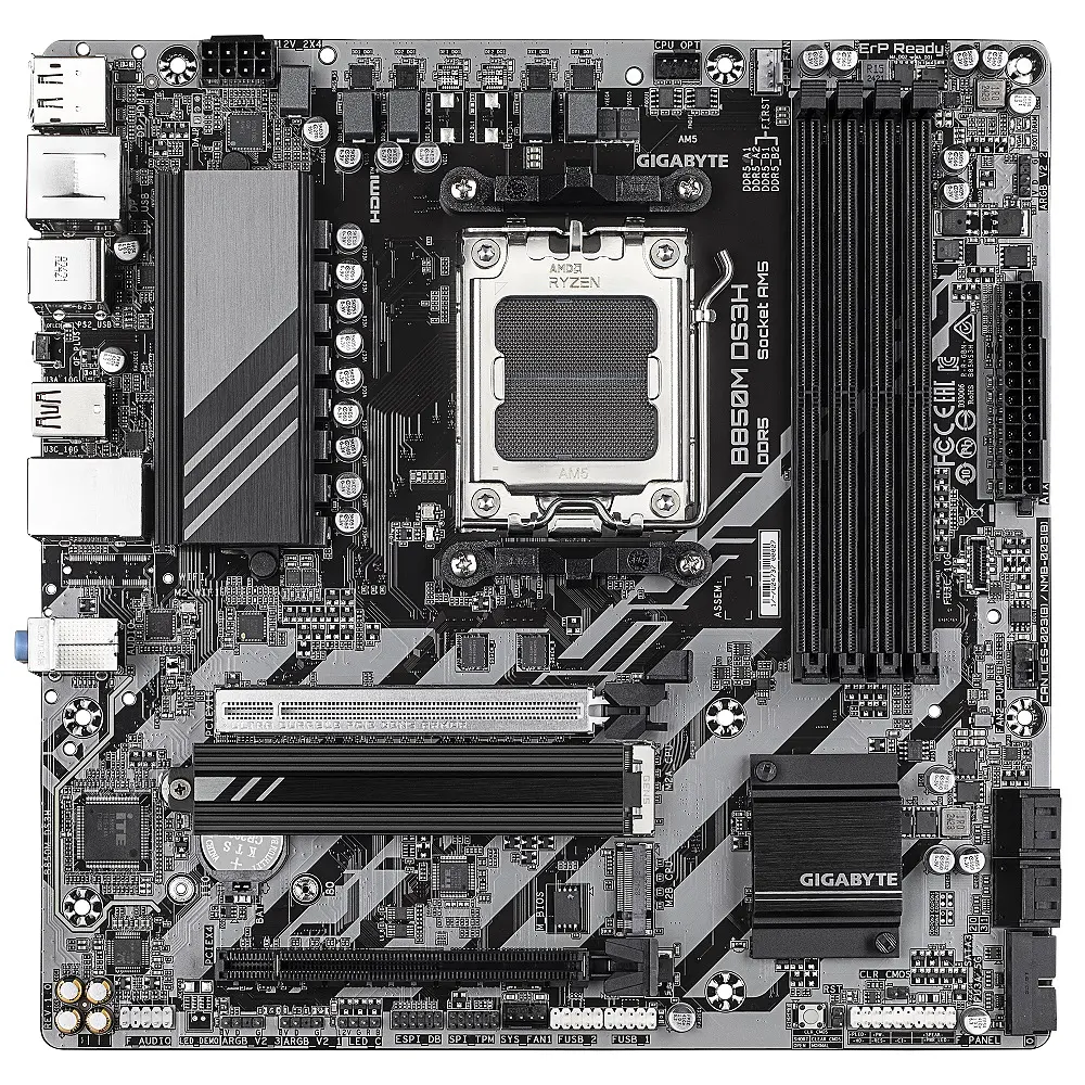 Материнська плата AM5 Gigabyte B850M DS3H, B850, 4xDDR5, Int.Video (CPU), 4xSATA3, 2xM.2, 1xPCI-E 5.0 x16, 1xPCI-E 3.0 x16, Realtek 7.1, Realtek 2.5GbE, 6xUSB 3.2 / 8xUSB 2.0, HDMI/2xDP, MicroATX - фото 2