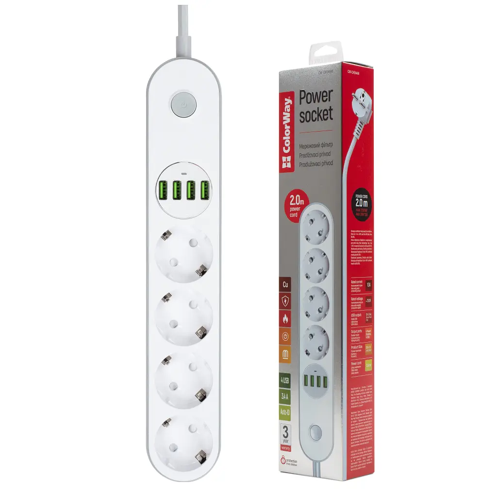 Мережевий фільтр живлення ColorWay CW-CHE44W, 4 розетки/4USB White 2M (CW-CHE44W) - фото 2