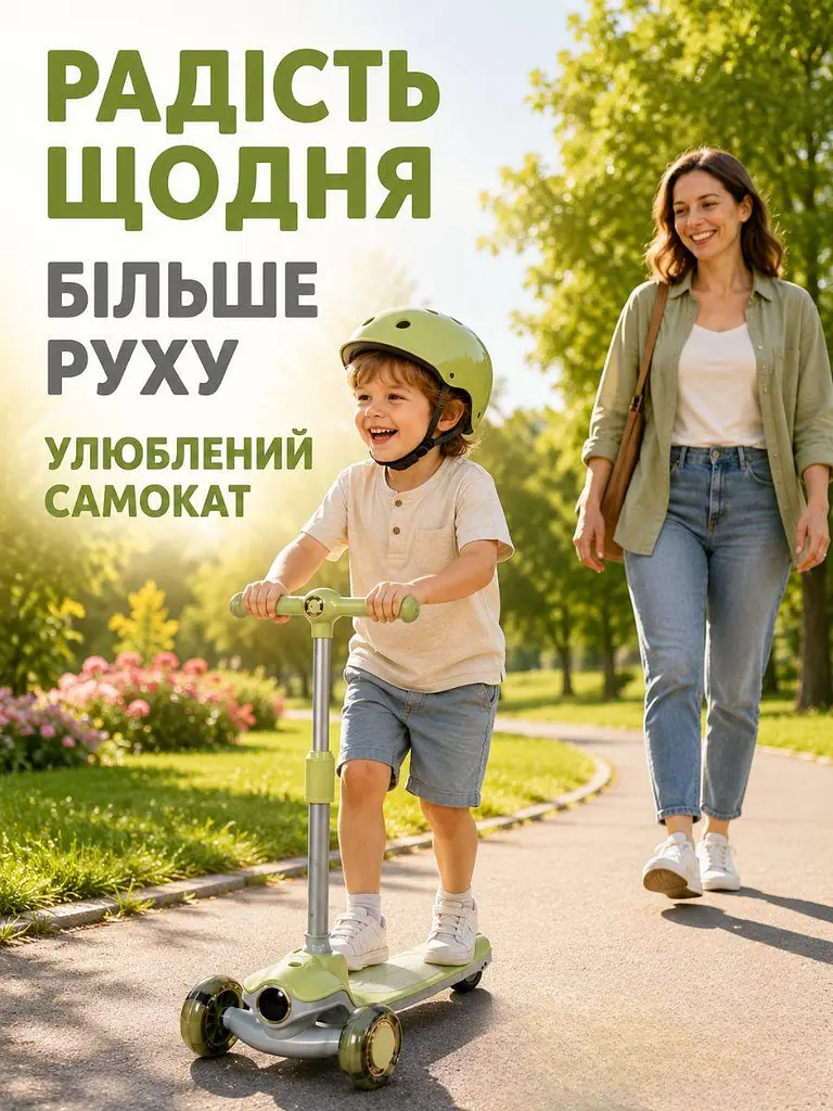 Дитячий самокат триколісний зелений з підсвічуванням коліс музикою та регульованим кермом (49675966) - фото 8