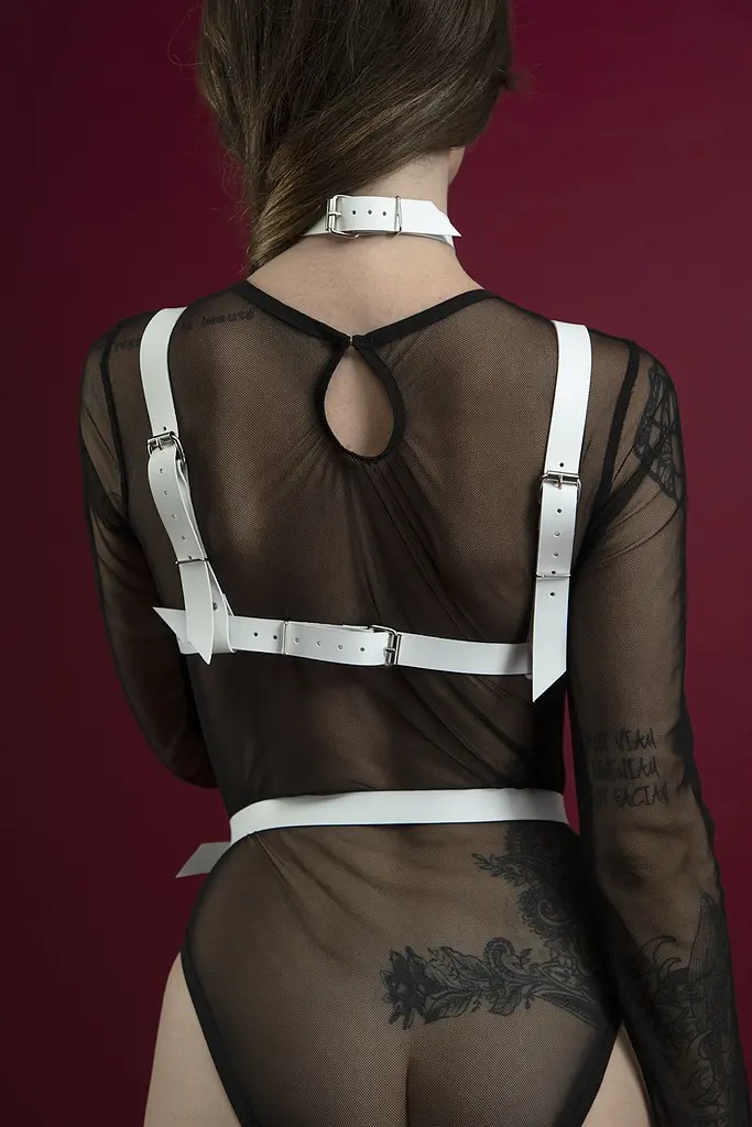 Портупея на груди Feral Feelings - Harness Bra, ліф, натуральна шкіра, колір білий - фото 2