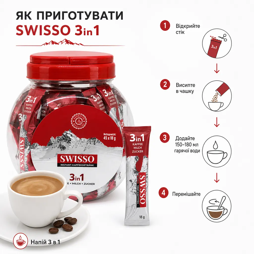 Кава розчинна Swisso Kaffee 3в1 кава молоко цукор у стіках 45 х 18 г банка - фото 4