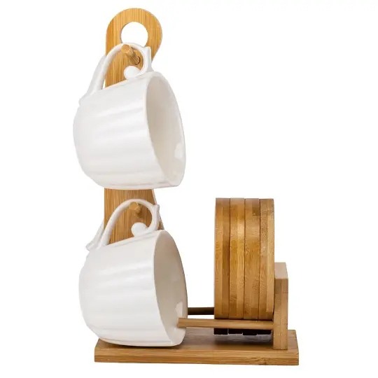 Набір чашок Elisey Тандем з бамбуковою підставкою 25 см (9184-003) білий з коричневим   - фото 5