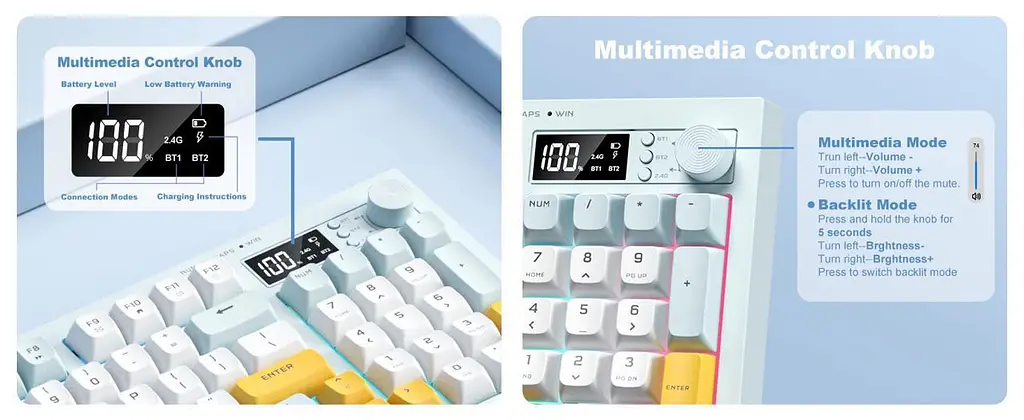 Клавіатура Onikuma ігрова мембранна G-80D бездротова з LED дисплеєм та RGB підсвіткою для ПК і ноутбука білий - фото 9