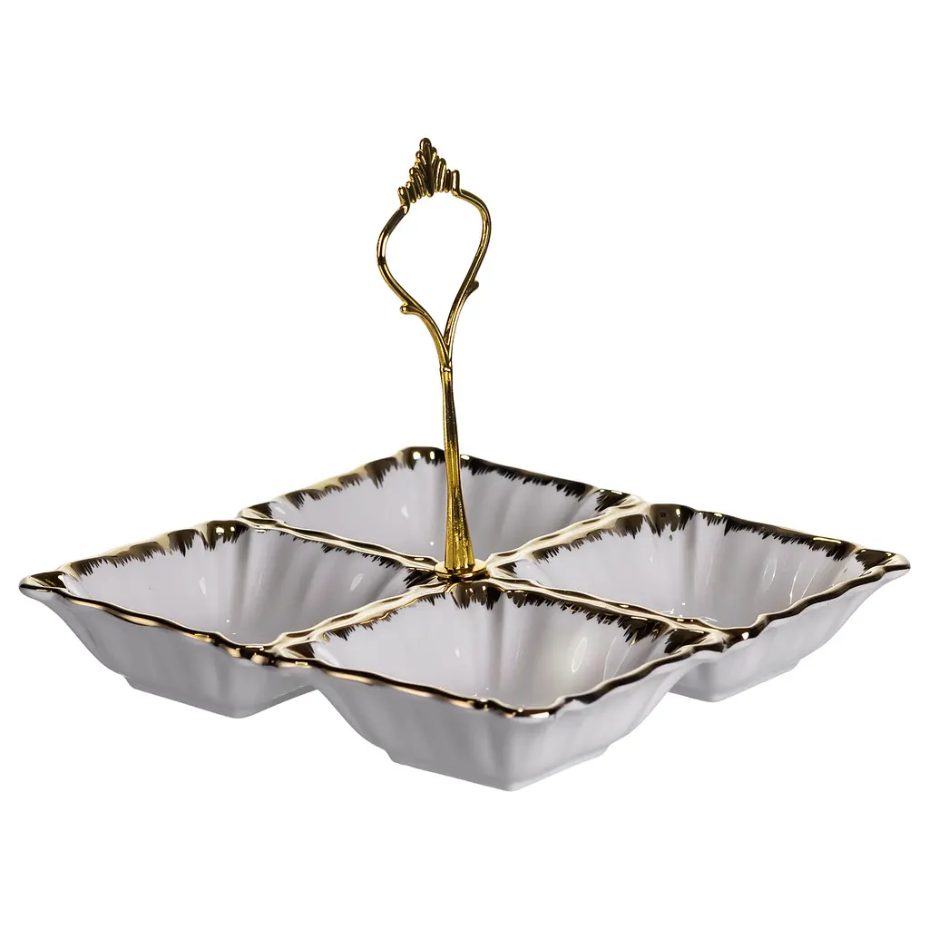 Менажница фарфоровая на 4 секции для закусок 18×18×3 (см) Белый с золотом Yiwu LC-BYL-100 - фото 4