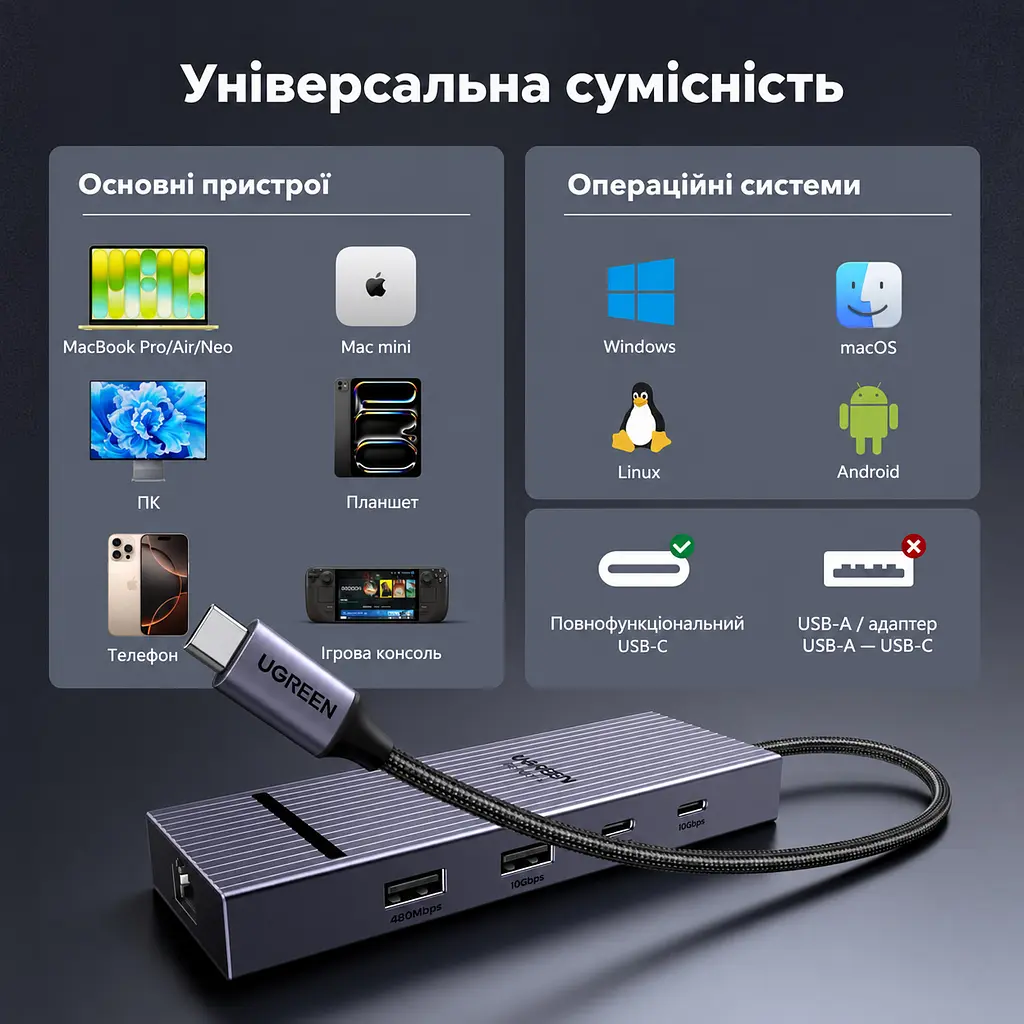 Док-станція USB-C UGREEN Revodok Pro CM880 хаб 7 в 1 сірий (75774) - фото 9