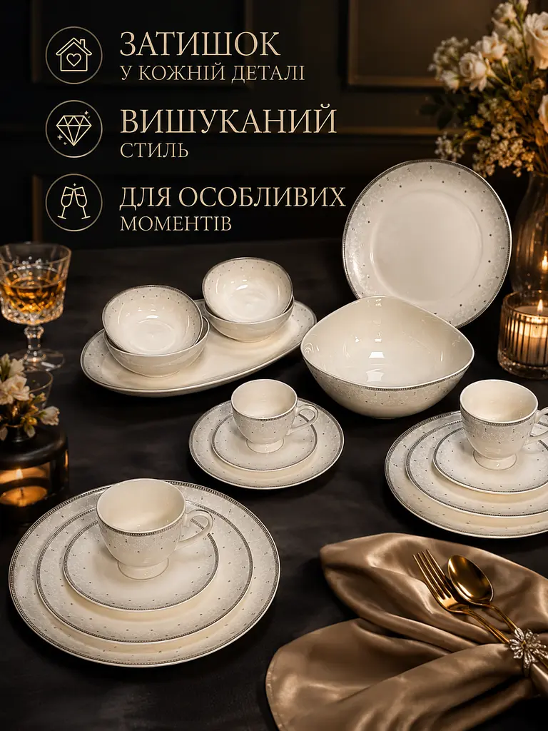Столовий сервіз фарфоровий кремовий на 4 персони 22 предмети зі сріблястою окантовкою, тарілки 27/22 см, чашки 250 мл (49676241) - фото 9