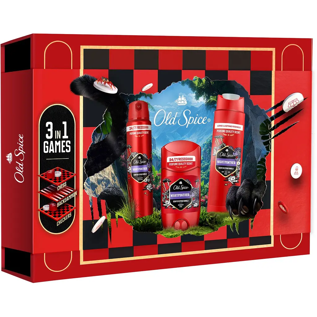 Подарунковий набір Old Spice Gamebox Night Panther: аерозольний дезодорант 150 мл + дезодорант-стік 50 мл + гель для душу 3-в-1, 250 мл + гра 3-в-1 - фото 2