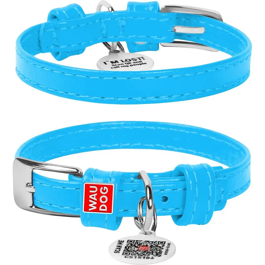 Ошейник для собак Waudog Glamour, кожаный, с QR паспортом, 18-21х0,9 см, голубой - фото 2