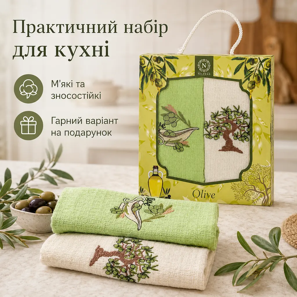 Набір вафельних рушників 2 шт 40x60 см Олива білий/салат LoveYouHome - фото 4