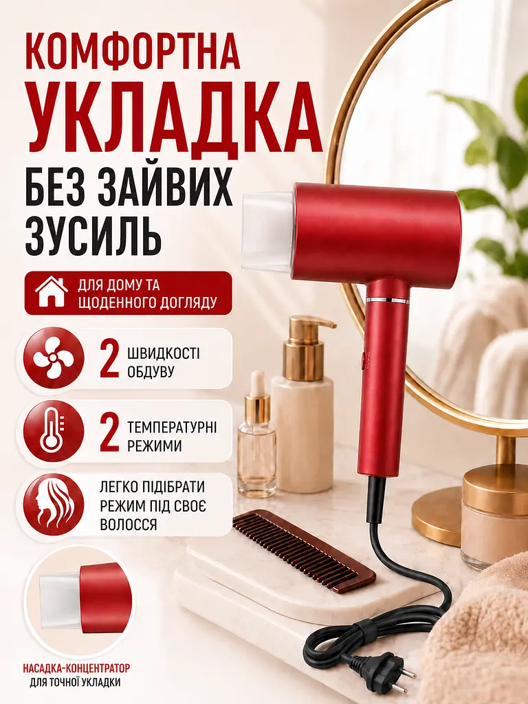 Професійний фен червоний 1800 W з холодним обдувом, іонізацією та насадкою-концентратором (49675925) - фото 6