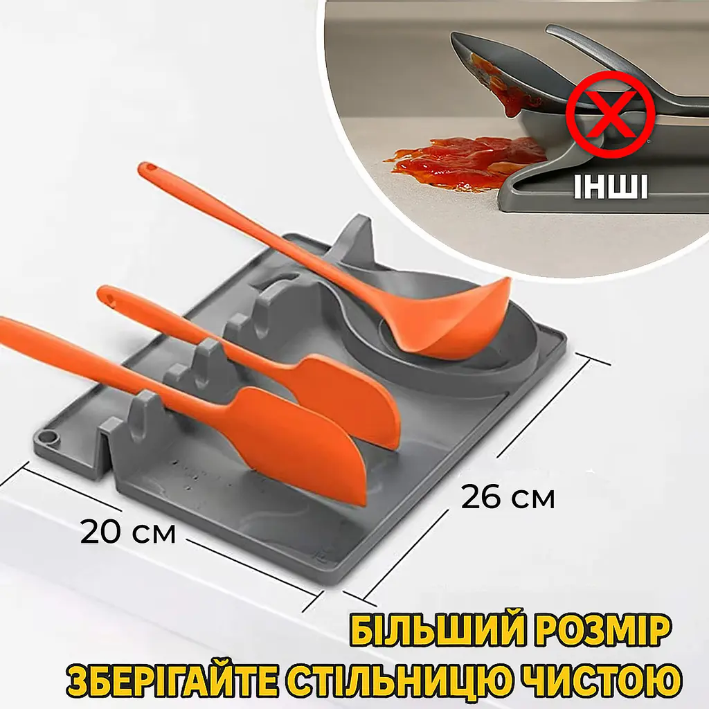 Подставка для крышки, половника и ложки из силикона многофункциональный держатель кухонных принадлежностей, Kitchen Master Серый 86580 - фото 9