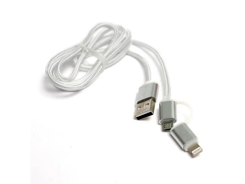 Кабель PowerPlant Quick Charge 2A 2-в-1 cotton USB 2.0 AM – Lightning/Micro 1м silver (KD00AS1290)