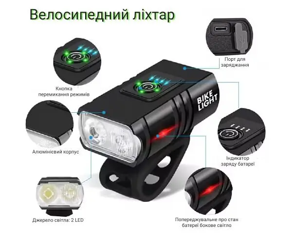 Ліхтарик для велосипеда, акумуляторний, світлодіодний, 6 режимів, чорний - фото 3