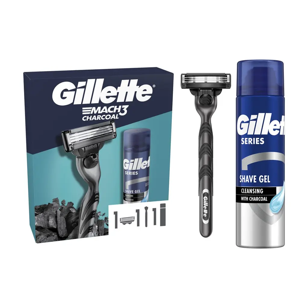 Набор косметики Gillette Mach3 Станок для бритья Charcoal с 1 сменным картриджем + Гель для бритья 200 мл (8700216566469)