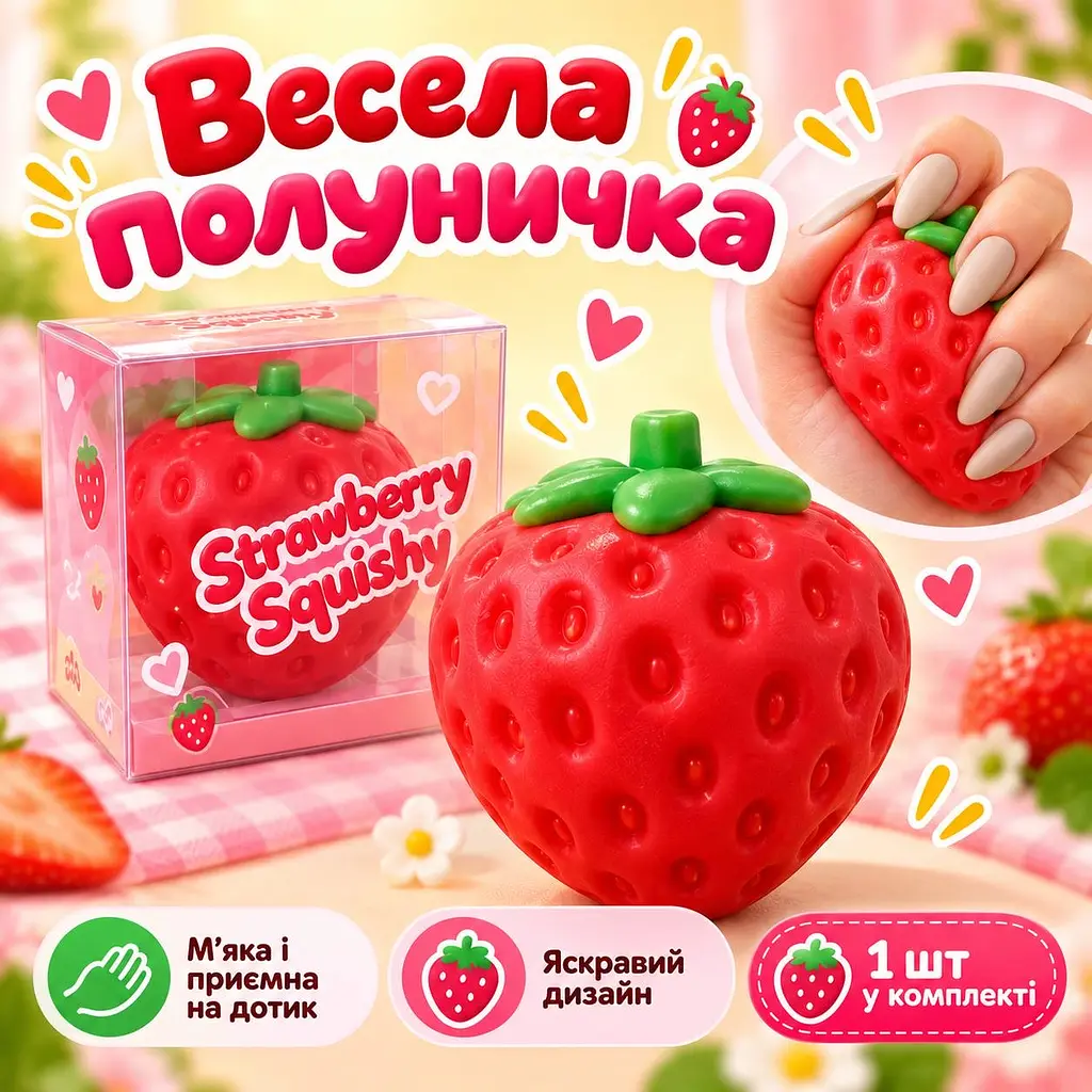 Хрусткий Сквіш Полуничка еластичний антистрес з хрустким наповнювачем 7см - фото 2