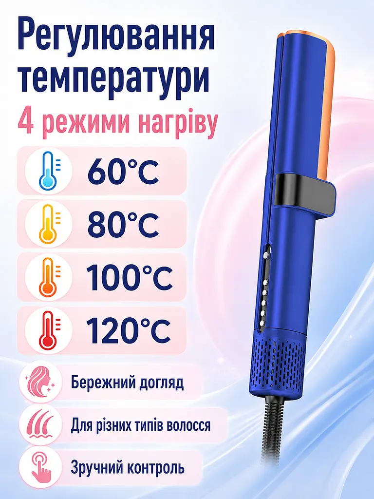 Фен-стайлер синій 1000 W з LED-дисплеєм для вологого та сухого волосся (49675935), Синій - фото 4