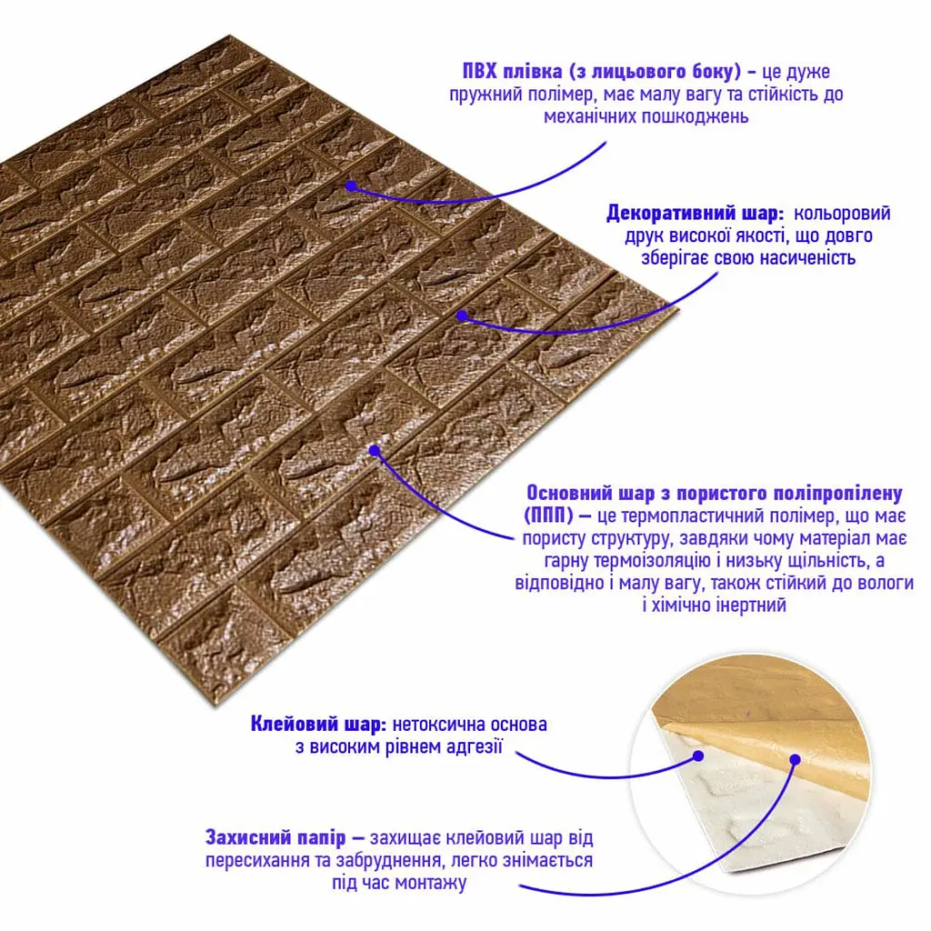 3D панель Sticker Wall самоклеюча цегла Коричнева 700x770x7мм 020-7 SW-00000053 - фото 2