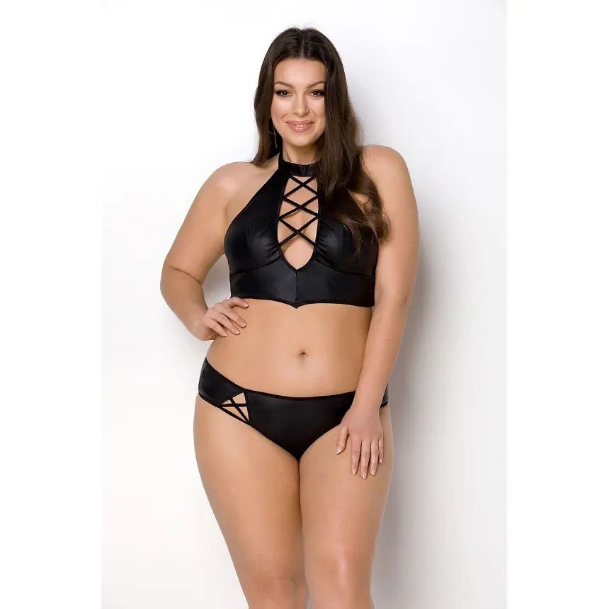 Комплект из эко-кожи: бра и трусики с имитацией шнуровки Passion Nancy Bikini, 4XL/5XL, черный