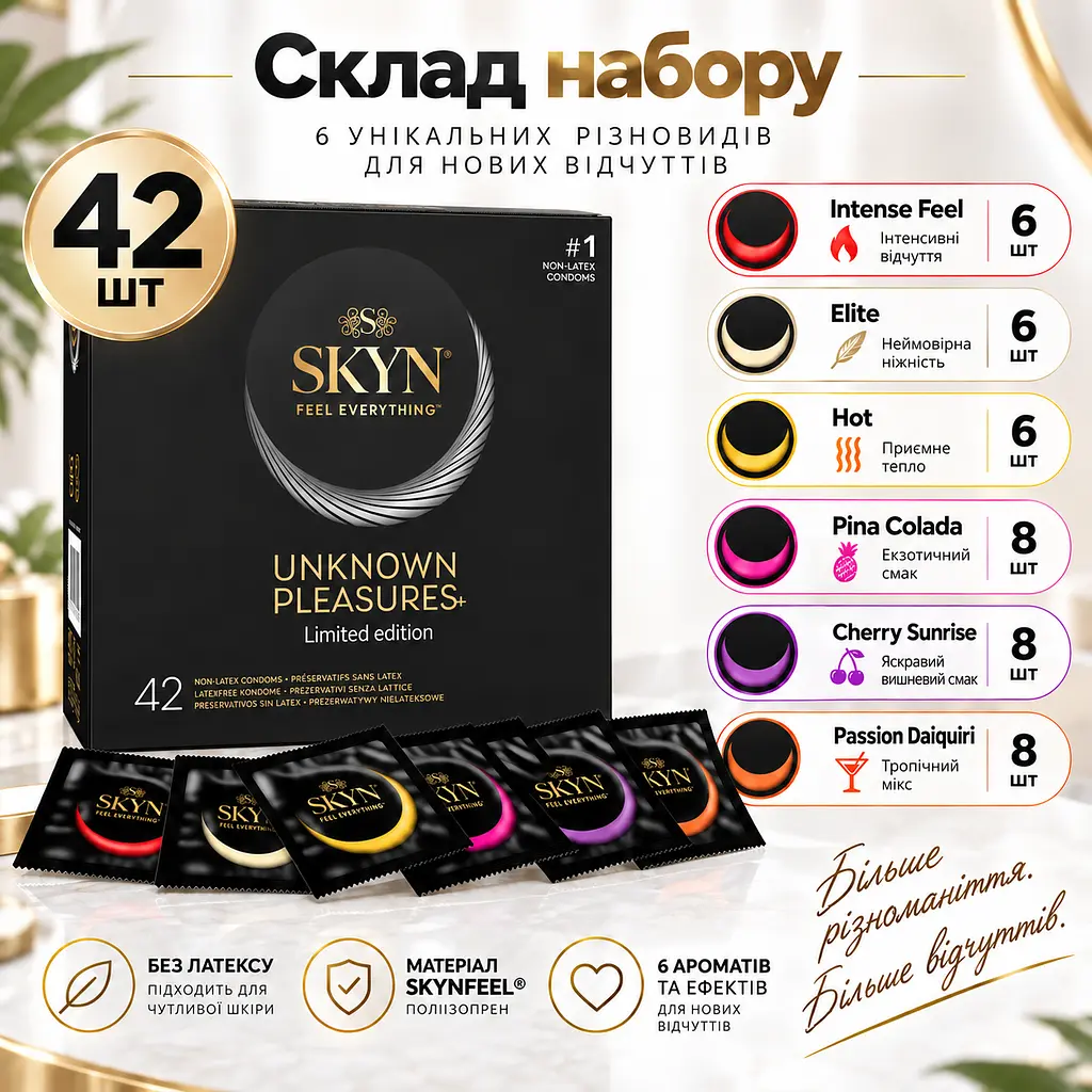 Набір презервативів SKYN Unknown Pleasures 42 шт безлатексні поліізопренові 53 мм мікс 6 видів Elite Intense Feel Hot Cocktail - фото 3